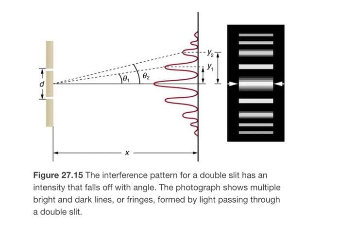 0₁
8₂
-Y₂7
Y₁₂₁
Figure 27.15 The interference pattern for a double slit has an
intensity that falls off with angle. The photograph shows multiple
bright and dark lines, or fringes, formed by light passing through
a double slit.