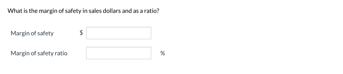 What is the margin of safety in sales dollars and as a ratio?
Margin of safety
Margin of safety ratio
$
%