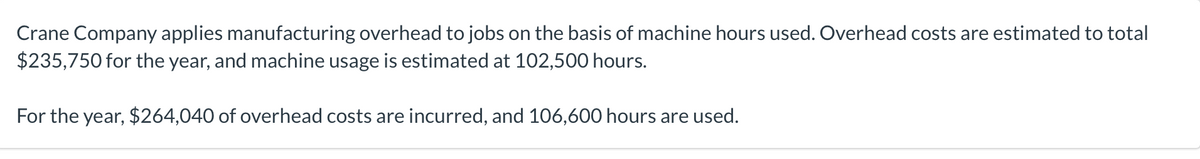 Crane Company applies manufacturing overhead to jobs on the basis of machine hours used. Overhead costs are estimated to total
$235,750 for the year, and machine usage is estimated at 102,500 hours.
For the year, $264,040 of overhead costs are incurred, and 106,600 hours are used.