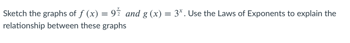 Sketch the graphs of f (x) = 97 and g (x) = 3*. Use the Laws of Exponents to explain the
relationship between these graphs
