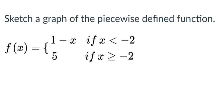 Sketch a graph of the piecewise defined function.
1 – x if x < -2
if x > -2
f (x) = {
