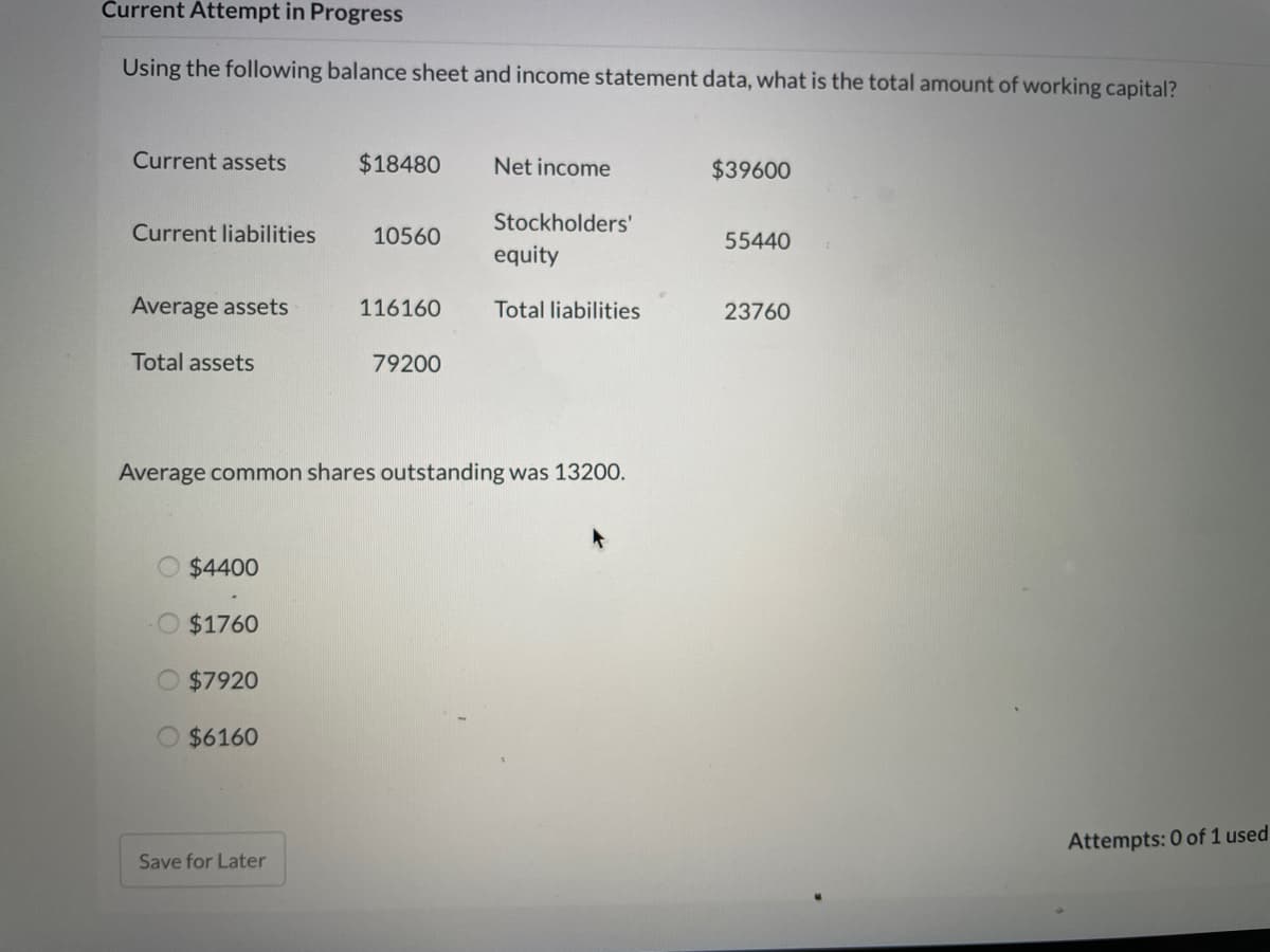 Čurrent Attempt in Progress
Using the following balance sheet and income statement data, what is the total amount of working capital?
Current assets
$18480
Net income
$39600
Stockholders'
Current liabilities
10560
55440
equity
Average assets
116160
Total liabilities
23760
Total assets
79200
Average common shares outstanding was 13200.
$4400
$1760
O $7920
O $6160
Attempts: 0 of 1 used
Save for Later
