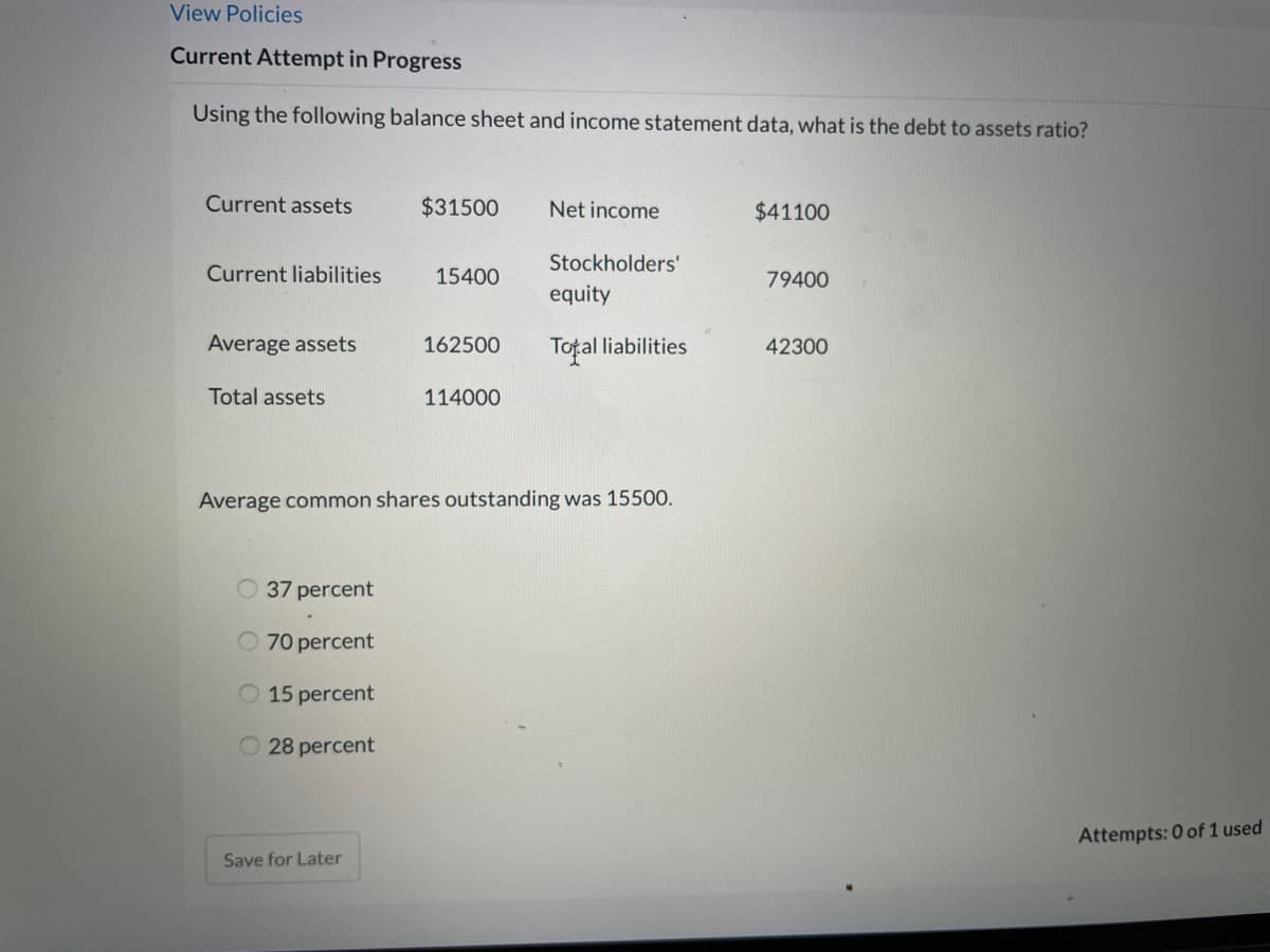 View Policies
Current Attempt in Progress
Using the following balance sheet and income statement data, what is the debt to assets ratio?
Current assets
$31500
Net income
$41100
Stockholders'
Current liabilities
15400
79400
equity
Average assets
162500
Total liabilities
42300
Total assets
114000
Average common shares outstanding was 15500.
37 percent
O 70 percent
O 15 percent
O 28 percent
Attempts: 0 of 1 used
Save for Later
