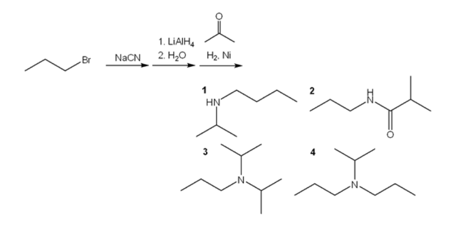 Br
NaCN
1. LIAIH4
2. H₂O
H₂. Ni
1
HN
3
2