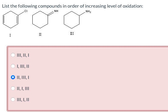 List the following compounds in order of increasing level of oxidation:
.CI
III, II, |
I, III, ||
II, III, I
II, I, III
III, |, ||
II
NH
ΠΙ
NH₂