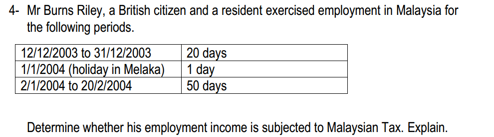 4- Mr Burns Riley, a British citizen and a resident exercised employment in Malaysia for
the following periods.
20 days
1 day
50 days
12/12/2003 to 31/12/2003
1/1/2004 (holiday in Melaka)
2/1/2004 to 20/2/2004
Determine whether his employment income is subjected to Malaysian Tax. Explain.
