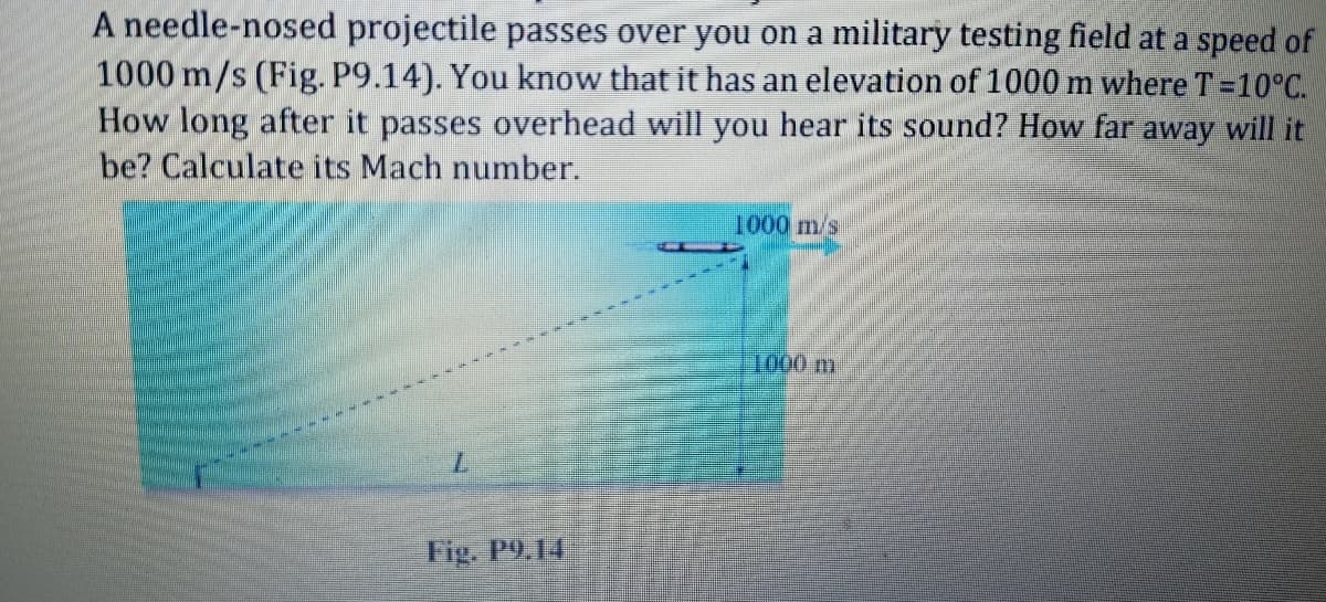 A needle-nosed projectile passes over you on a military testing field at a speed of
1000 m/s (Fig. P9.14). You know that it has an elevation of 1000 m where T=10°C.
How long after it passes overhead will you hear its sound? How far away will it
be? Calculate its Mach number.
1000 m/s
அம0m
7.
Fig. P9.14
