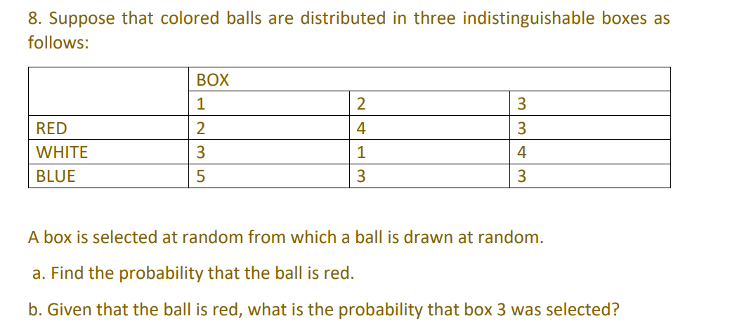 8. Suppose that colored balls are distributed in three indistinguishable boxes as
follows:
RED
WHITE
BLUE
BOX
1
2
35
2
4
1
3
3
3
4
3
A box is selected at random from which a ball is drawn at random.
a. Find the probability that the ball is red.
b. Given that the ball is red, what is the probability that box 3 was selected?