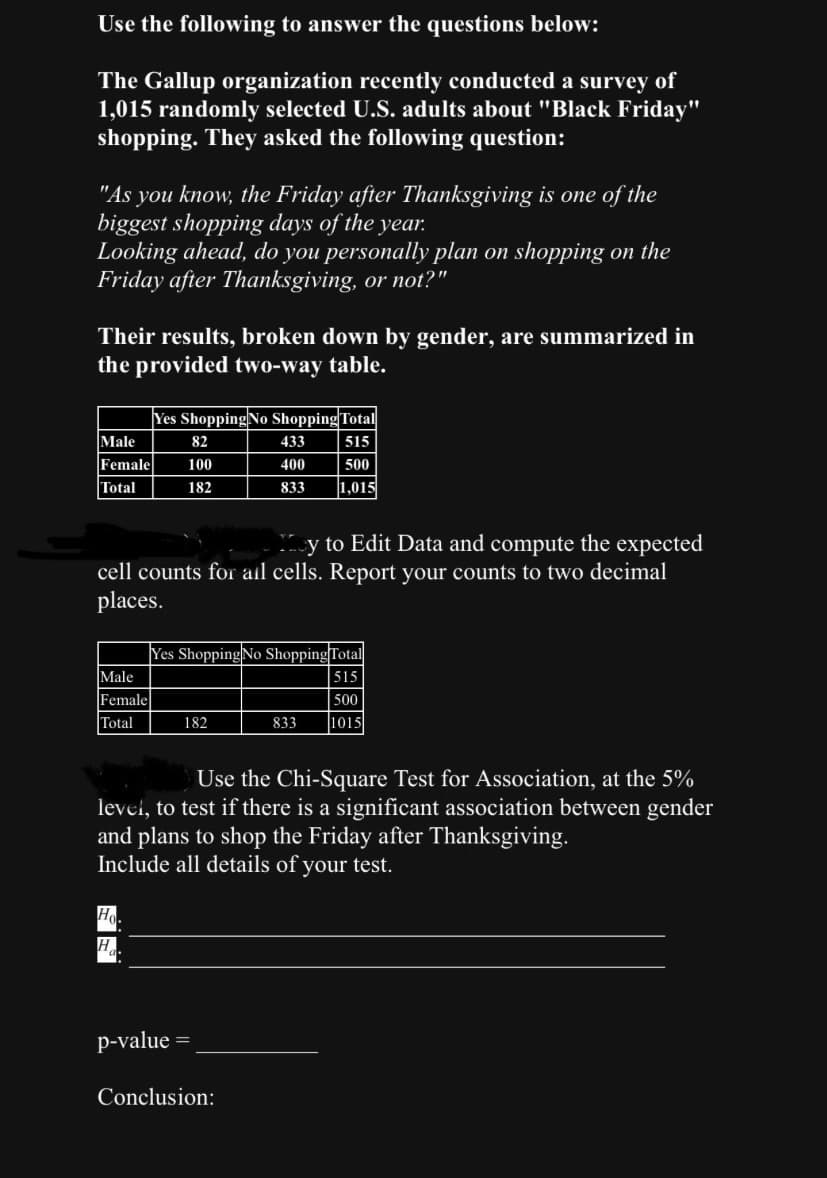 Use the following to answer the questions below:
The Gallup organization recently conducted a survey of
1,015 randomly selected U.S. adults about "Black Friday"
shopping. They asked the following question:
"As you know, the Friday after Thanksgiving is one of the
biggest shopping days of the year.
Looking ahead, do you personally plan on shopping on the
Friday after Thanksgiving, or not?"
Their results, broken down by gender, are summarized in
the provided two-way table.
Male
Female
Total
Male
Female
Total
Yes Shopping No Shopping Total
82
433
515
100
500
182
1,015
y to Edit Data and compute the expected
cell counts for all cells. Report your counts to two decimal
places.
Ho.
H
Yes Shopping No Shopping Total
515
500
1015
182
400
833
Use the Chi-Square Test for Association, at the 5%
level, to test if there is a significant association between gender
and plans to shop the Friday after Thanksgiving.
Include all details of your test.
p-value=
Conclusion:
833