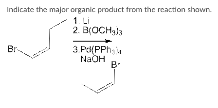 Indicate the major organic product from the reaction shown.
1. Li
2. B(OCH33
3.Pd(PPH3)4
NaOH
Br
Br-
