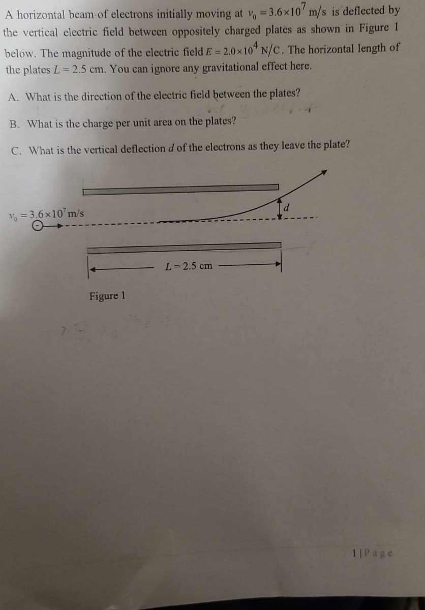 A horizontal beam of electrons initially moving at v, = 3.6x107 m/s is deflected by
the vertical electric field between oppositely charged plates as shown in Figure 1
below. The magnitude of the electric field E = 2.0×104 N/C. The horizontal length of
the plates L=2.5 cm. You can ignore any gravitational effect here.
A. What is the direction of the electric field between the plates?
B. What is the charge per unit area on the plates?
C. What is the vertical deflection d of the electrons as they leave the plate?
V₁ = 3.6x107 m/s
Figure 1
L = 2.5 cm
1| Page