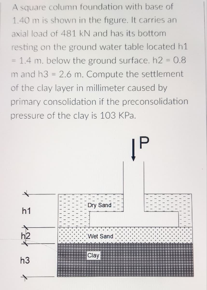 A square column foundation with base of
1.40 m is shown in the figure. It carries an
axial load of 481 kN and has its bottom
resting on the ground water table located h1
= 1.4 m. below the ground surface. h2 = 0.8
m and h3 = 2.6 m. Compute the settlement
of the clay layer in millimeter caused by
primary consolidation if the preconsolidation
pressure of the clay is 103 KPa.
|P
Dry Sand
Wet Sand
Clay
* I tak m
h1
h2
h3
X