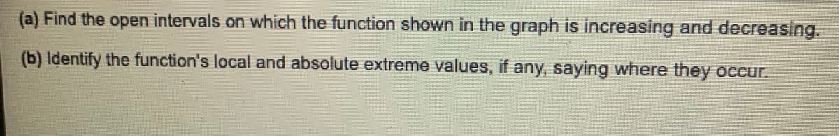 (a) Find the open intervals on which the function shown in the graph is increasing and decreasing.
(b) Identify the function's local and absolute extreme values, if any, saying where they occr.
