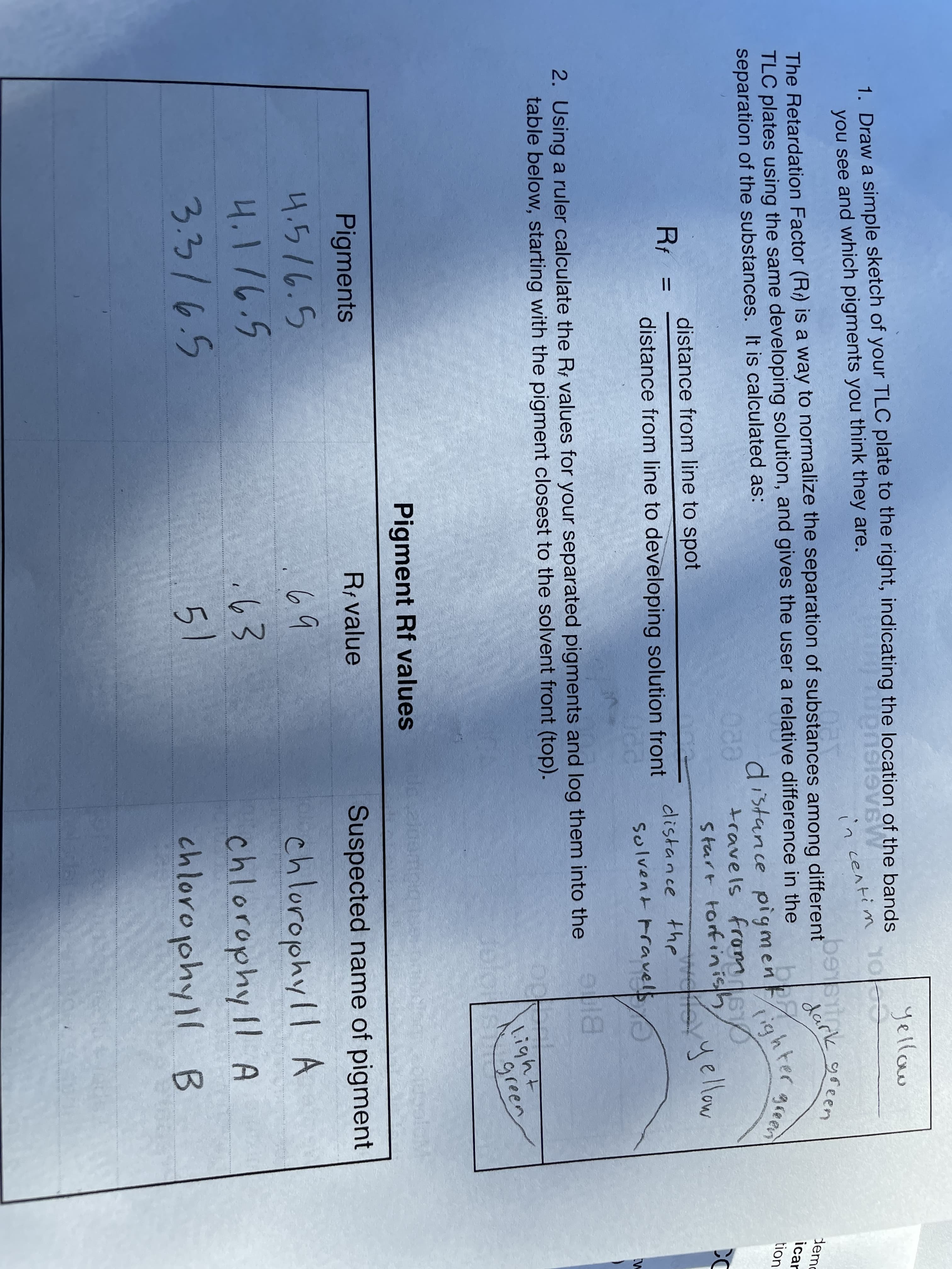 1. Draw a simple sketch of your TLC plate to the right, indicating the location of the bands
you see and which pigments you think they are.
yellow
in centim 1o
besit
The Retardation Factor (R) is a way to normalize the separation of substances among different
TLC plates using the same developing solution, and gives the user a relative difference in the
separation of the substances. It is calculated as:
green
demo
dark
icar
distance pig menahter
travels from
Start torfinish
tion
Rf
distance from line to spot
yellow
CC
%3D
distance from line to developing solution front
distance the
solvent Fravels
2. Using a ruler calculate the Rf values for your separated pigments and log them into the
table below, starting with the pigment closest to the solvent front (top).
Light
green
Pigment Rf values
Pigments
R/ value
Suspected name of pigment
4.516.5
69
4.176.5
3.3/6.5
chlorophyll A
chlorophy 1l A
chlorojphyll B
,63
51
|3D
