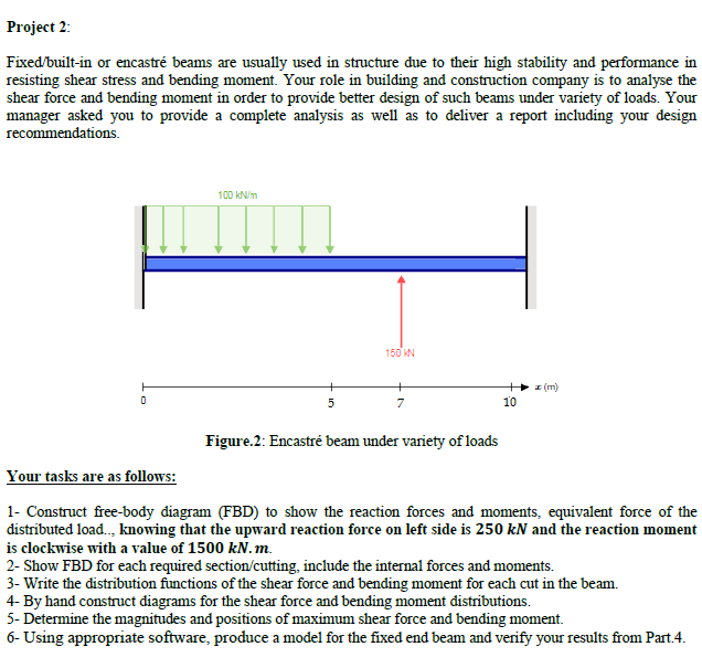 Project 2:
Fixed/built-in or encastré beams are usually used in structure due to their high stability and performance in
resisting shear stress and bending moment. Your role in building and construction company is to analyse the
shear force and bending moment in order to provide better design of such beams under variety of loads. Your
manager asked you to provide a complete analysis as well as to deliver a report including your design
recommendations.
100 kN/m
150 KN
I (m)
10
Figure.2: Encastré beam under variety of loads
Your tasks are as follows:
1- Construct free-body diagram (FBD) to show the reaction forces and moments, equivalent force of the
distributed load., knowing that the upward reaction force on left side is 250 kN and the reaction moment
is clockwise with a value of 1500 kN.m.
2- Show FBD for each required section/cutting, include the internal forces and moments.
3- Write the distribution functions of the shear force and bending moment for each cut in the beam.
4- By hand construct diagrams for the shear force and bending moment distributions.
5- Determine the magnitudes and positions of maximum shear force and bending moment.
6- Using appropriate software, produce a model for the fixed end beam and verify your results from Part.4.
