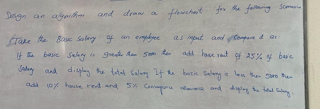 and draw a
flowchart fox the following sconario,
Design
an algpithm
Take the Basic Salary of an empbyee
basic salary
mpat
and Compare
it as:
as
It The
is greate, than 5000 then
add hause reut of a5% of basc
Salay
and display the total Salary If the basic Salany
is less then 5000 then
add
10% house rent and 5% Convayance allowance and display the total
