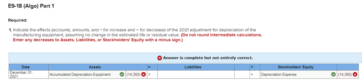 E9-18 (Algo) Part 1
Required:
1. Indicate the effects (accounts, amounts, and + for increase and for decrease) of the 2021 adjustment for depreciation of the
manufacturing equipment, assuming no change in the estimated life or residual value. (Do not round intermediate calculations.
Enter any decreases to Assets, Liabilities, or Stockholders' Equity with a minus sign.)
Date
December 31,
2021
Assets
Accumulated Depreciation-Equipment
✓(14,350) X =
Answer is complete but not entirely correct.
Liabilities
Stockholders' Equity
Depreciation Expense
✓(14,350) ×