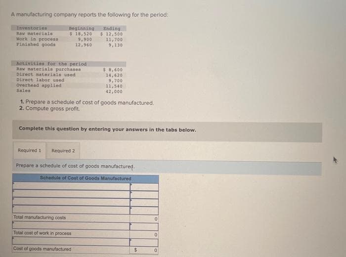 A manufacturing company reports the following for the period:
Inventories
Raw materials
Work in process
Finished goods
Beginning
$ 18,520
9,900
12,960
Activities for the period
Raw materials purchases
Direct materials used
Direct labor used
Overhead applied
Sales
Required 1 Required 2
1. Prepare a schedule of cost of goods manufactured.
2. Compute gross profit.
Total manufacturing costs
Ending
$ 12,500
11,700
9,130
Complete this question by entering your answers in the tabs below.
$ 8,600
14,620
9,700
Total cost of work in process
11,540
42,000
Prepare a schedule of cost of goods manufactured.
Schedule of Cost of Goods Manufactured
Cost of goods manufactured
$
0
0
0