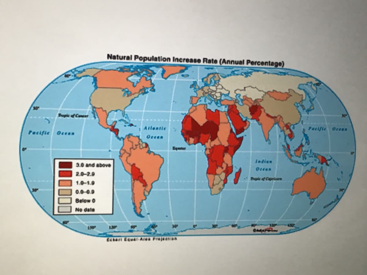 Natural Population Increase Rate (Annual Percentage)
30
Bupic of Cancer
Ailentie
Pacifie OcER
Pecifie oecen
Occan
Bquater
Indion
3.0 and above
Ocean
2.0-2.9
Tief Criare
1.0-1.0
0.0-0.9
Below o
No date
130
