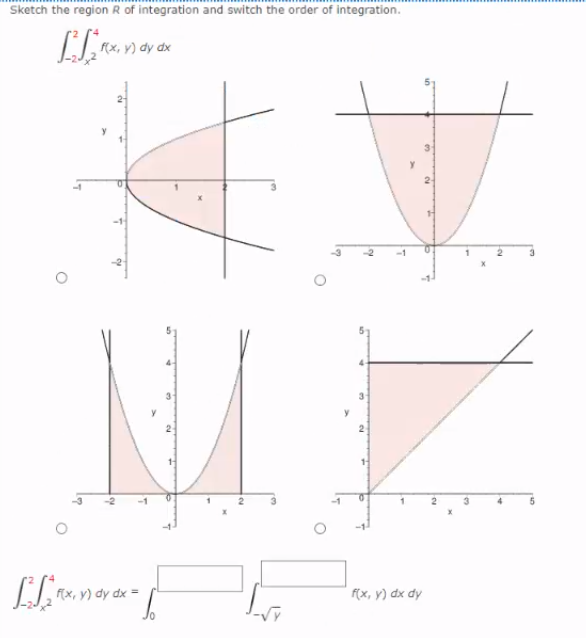 Sketch the region R of integration and switch the order of integration.
f(x, y) dy dx
1
F(x, y) dy d.
f(x, y) dx dy
