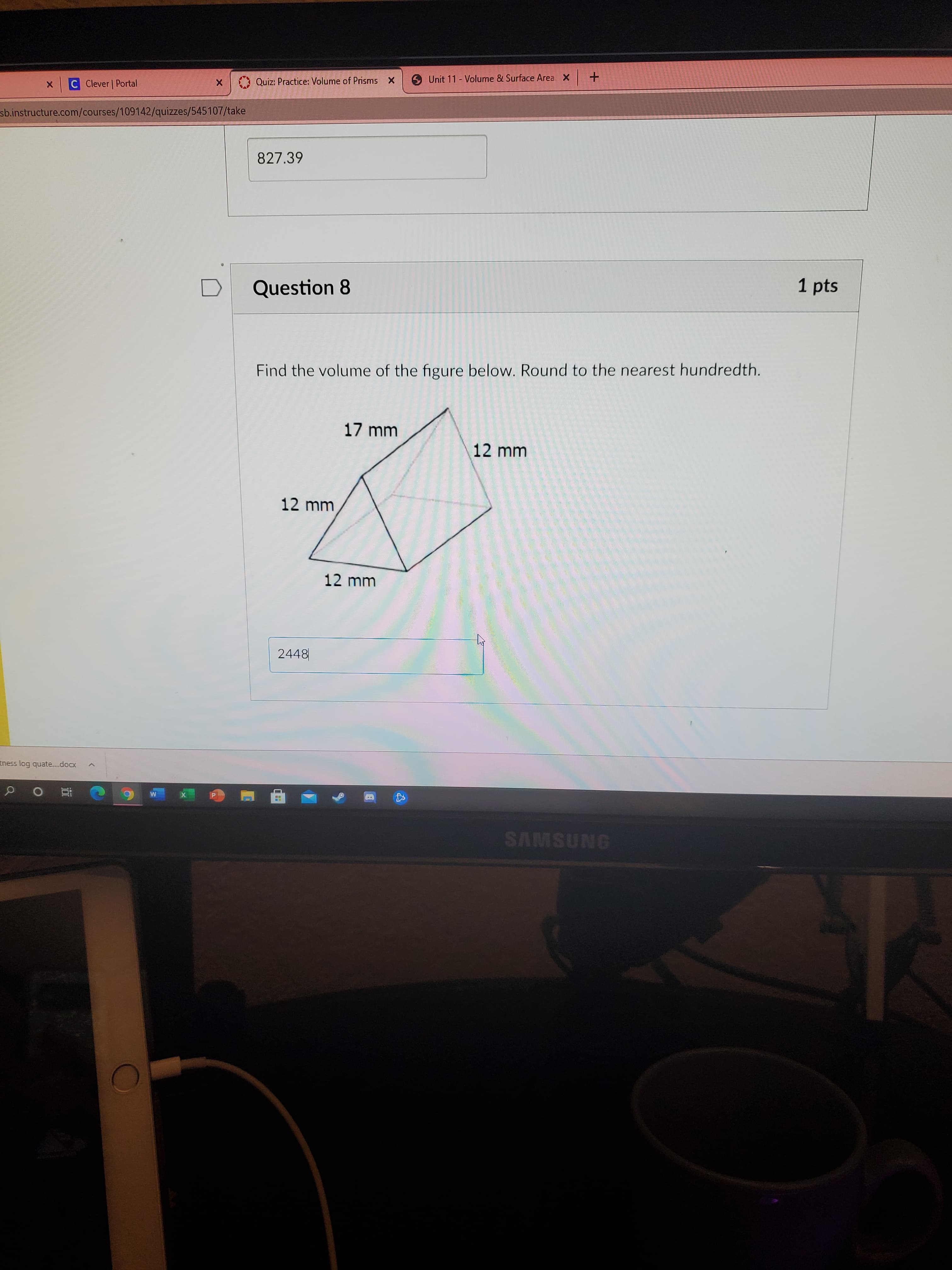 Find the volume of the figure below. Round to the nearest hundredth.
17 mm
12 mm
12 mm
12 mm
