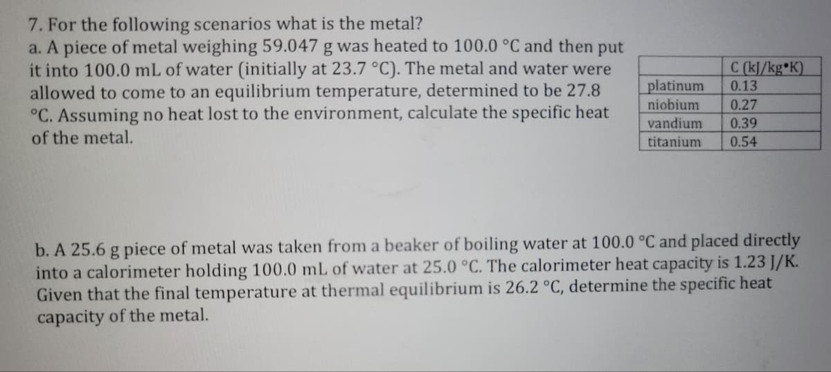 7. For the following scenarios what is the metal?
a. A piece of metal weighing 59.047 g was heated to 100.0 °C and then put
it into 100.0 mL of water (initially at 23.7 °C). The metal and water were
allowed to come to an equilibrium temperature, determined to be 27.8
°C. Assuming no heat lost to the environment, calculate the specific heat
of the metal.
platinum
niobium
vandium
titanium
C (kJ/kg K)
0.13
0.27
0.39
0.54
b. A 25.6 g piece of metal was taken from a beaker of boiling water at 100.0 °C and placed directly
into a calorimeter holding 100.0 mL of water at 25.0 °C. The calorimeter heat capacity is 1.23 J/K.
Given that the final temperature at thermal equilibrium is 26.2 °C, determine the specific heat
capacity of the metal.