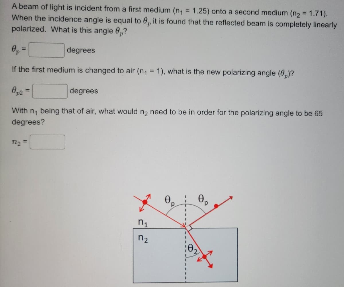 A beam of light is incident from a first medium (n₁ = 1.25) onto a second medium (n₂ = 1.71).
When the incidence angle is equal to 0 it is found that the reflected beam is completely linearly
polarized. What is this angle ?
Р
0p=
degrees
If the first medium is changed to air (n₁ = 1), what is the new polarizing angle (0)?
0p2
=
degrees
With n₁ being that of air, what would no need to be in order for the polarizing angle to be 65
degrees?
n₂ =
n₁
n₂
р
0₂
Р