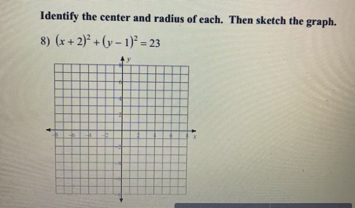 Identify the center and radius of each. Then sketch the graph.
8) (x + 2)° + (y – 1)² = 23
%3D
