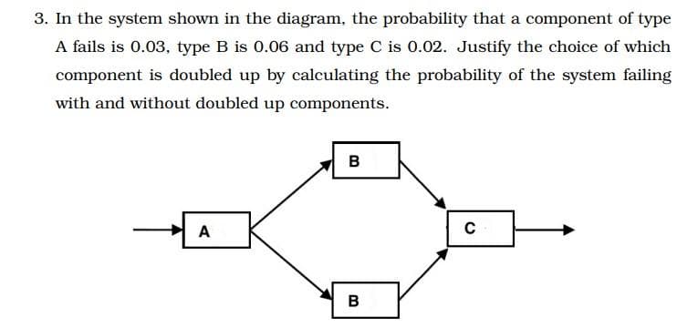 3. In the system shown in the diagram, the probability that a component of type
A fails is 0.03, type B is 0.06 and type C is 0.02. Justify the choice of which
component is doubled up by calculating the probability of the system failing
with and without doubled up components.
A
B
B
C