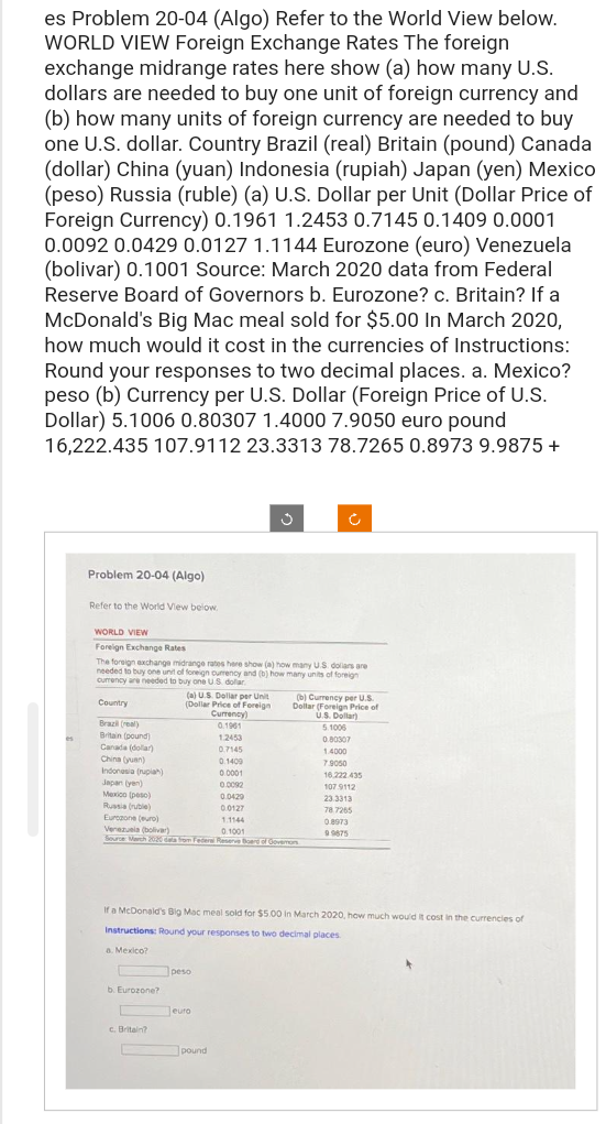 es Problem 20-04 (Algo) Refer to the World View below.
WORLD VIEW Foreign Exchange Rates The foreign
exchange midrange rates here show (a) how many U.S.
dollars are needed to buy one unit of foreign currency and
(b) how many units of foreign currency are needed to buy
one U.S. dollar. Country Brazil (real) Britain (pound) Canada
(dollar) China (yuan) Indonesia (rupiah) Japan (yen) Mexico
(peso) Russia (ruble) (a) U.S. Dollar per Unit (Dollar Price of
Foreign Currency) 0.1961 1.2453 0.7145 0.1409 0.0001
0.0092 0.0429 0.0127 1.1144 Eurozone (euro) Venezuela
(bolivar) 0.1001 Source: March 2020 data from Federal
Reserve Board of Governors b. Eurozone? c. Britain? If a
McDonald's Big Mac meal sold for $5.00 In March 2020,
how much would it cost in the currencies of Instructions:
Round your responses to two decimal places. a. Mexico?
peso (b) Currency per U.S. Dollar (Foreign Price of U.S.
Dollar) 5.1006 0.80307 1.4000 7.9050 euro pound
16,222.435 107.9112 23.3313 78.7265 0.8973 9.9875 +
es
Problem 20-04 (Algo)
Refer to the World View below.
Country
WORLD VIEW
Foreign Exchange Rates
The foreign exchange midrange rates here show (a) how many U.S. dollars are
needed to buy one unit of foreign currency and (b) how many units of foreign
currency are needed to buy one US dollar.
Brazil (real)
Britain (pound)
Canada (dollar)
China (yuan)
Indonesia (rupiah)
Japan (yen)
Mexico (peso)
Russia (ruble)
(a) US Dollar per Unit
(Dollar Price of Foreign
Currency)
0.1961
1.2453
0.7145
b. Eurozone?
c. Britain?
Eurozone (euro)
Venezuela (bolivar)
0.1001
Source March 2020 dela from Federal Reserve Board of Govermon
peso
Ĵ
0.1409
0.0001
0.0092
0.0429
0.0127
1.1144
euro
L pound
Ĉ
(b) Currency per U.S.
Dollar (Foreign Price of
U.S. Dollar)
If a McDonald's Big Mac meal sold for $5.00 in March 2020, how much would it cost in the currencies of
Instructions: Round your responses to two decimal places.
a. Mexico?
5.1006
0.80307
1.4000
7.9050
16.222.435
107.9112
23.3313
78.7265
0.8973
99875