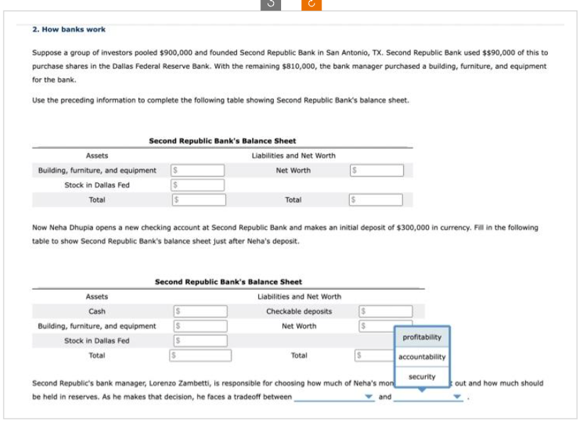 2. How banks work
Suppose a group of investors pooled $900,000 and founded Second Republic Bank in San Antonio, TX. Second Republic Bank used $$90,000 of this to
purchase shares in the Dallas Federal Reserve Bank. With the remaining $810,000, the bank manager purchased a building, furniture, and equipment
for the bank.
Use the preceding information to complete the following table showing Second Republic Bank's balance sheet.
Second Republic Bank's Balance Sheet
Assets
Building, furniture, and equipment
Stock in Dallas Fed
Total
Assets
Cash
$
$
Building, furniture, and equipment
Stock in Dallas Fed
Total
Now Neha Dhupia opens a new checking account at Second Republic Bank and makes an initial deposit of $300,000 in currency. Fill in the following
table to show Second Republic Bank's balance sheet just after Neha's deposit.
Liabilities and Net Worth
Net Worth
Total
Second Republic Bank's Balance Sheet
$
$
Liabilities and Net Worth
Checkable deposits
Net Worth
Total
S
$
Second Republic's bank manager, Lorenzo Zambetti, is responsible for choosing how much of Neha's mon
be held in reserves. As he makes that decision, he faces a tradeoff between
and
profitability
accountability
security
tout and how much should