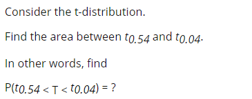 Consider the t-distribution.
Find the area between to.54 and to.04.
In other words, find
P(to.54 < T< to.04) = ?
