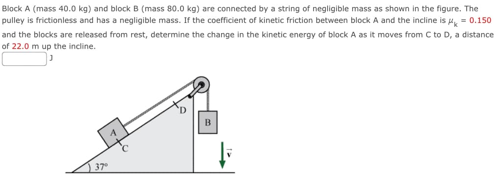 Block A (mass 40.0 kg) and block B (mass 80.0 kg) are connected by a string of negligible mass as shown in the figure. The
pulley is frictionless and has a negligible mass. If the coefficient of kinetic friction between block A and the incline is μ✓ = 0.150
and the blocks are released from rest, determine the change in the kinetic energy of block A as it moves from C to D, a distance
of 22.0 m up the incline.
J
37°
A
B