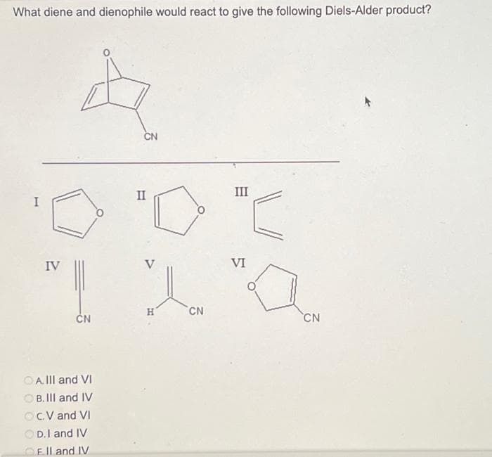 What diene and dienophile would react to give the following Diels-Alder product?
I
IV
A
CN
CN
OA. III and VI
OB. III and IV
OC.V and VI
OD. I and IV
Ell and IV
II
V
Jov
H
CN
III
VI
CN