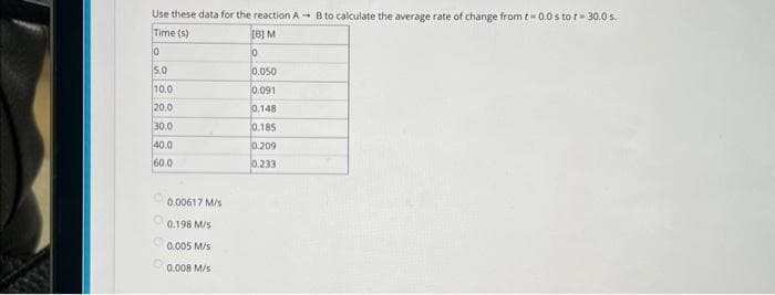 Use these data for the reaction AB to calculate the average rate of change from t= 0.0 s to r= 30.05.
Time (s)
[8] M
10
0
5.0
10.0
20.0
30.0
40.0
60.0
0.00617 M/s
0.198 M/S
0.005 M/s
0.008 M/s
0.050
0.091
0.148
0.185
0.209
0.233