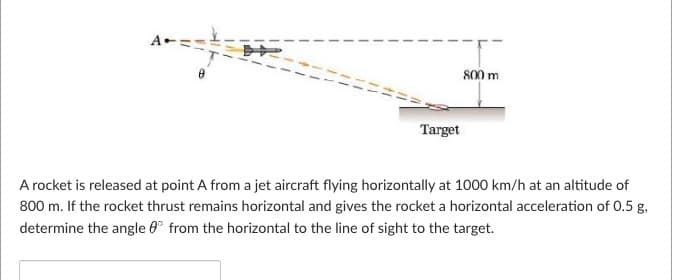 Target
800 m
A rocket is released at point A from a jet aircraft flying horizontally at 1000 km/h at an altitude of
800 m. If the rocket thrust remains horizontal and gives the rocket a horizontal acceleration of 0.5 g,
determine the angle from the horizontal to the line of sight to the target.