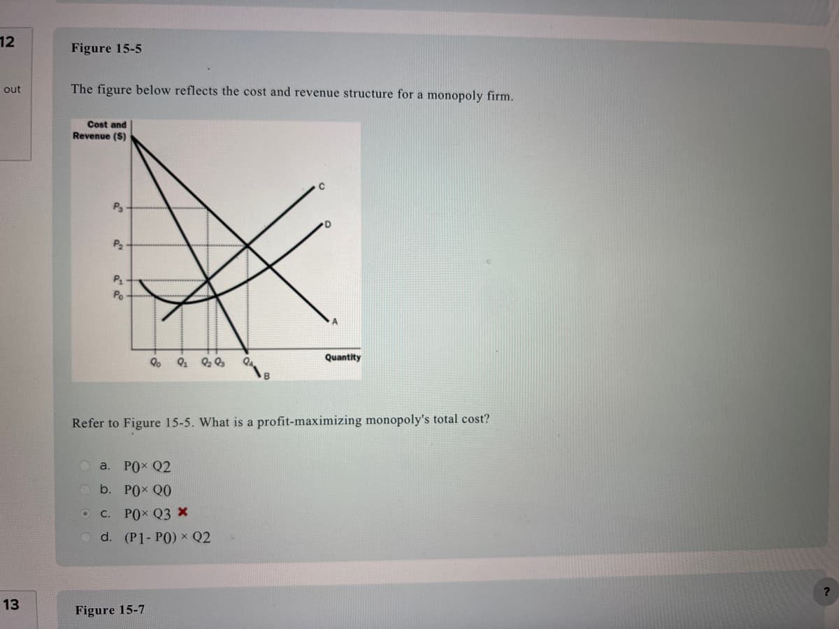 12
out
13
Figure 15-5
The figure below reflects the cost and revenue structure for a monopoly firm.
Cost and
Revenue ($)
Ps
●
P₂
P1
Po
Po
Q₂ Q₂ Q3
a. POX Q2
b. POX QO
C. POX Q3 X
d.
Figure 15-7
Refer to Figure 15-5. What is a profit-maximizing monopoly's total cost?
(P1-P0) × Q2
Q
с
Quantity
?