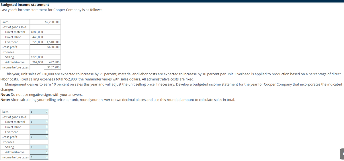 Budgeted income statement
Last year's income statement for Cooper Company is as follows:
Sales
Cost of goods sold
Direct material
Direct labor
Overhead
Gross profit
Expenses
Selling
Administrative
Income before taxes
Sales
Cost of goods sold
Direct material
Direct labor
$880,000
440,000
220,000 1,540,000
$660,000
$228,800
264,000
Overhead
Gross profit
Expenses
Selling
This year, unit sales of 220,000 are expected to increase by 25 percent; material and labor costs are expected to increase by 10 percent per unit. Overhead is applied to production based on a percentage of direct
labor costs. Fixed selling expenses total $52,800; the remainder varies with sales dollars. All administrative costs are fixed.
Management desires to earn 10 percent on sales this year and will adjust the unit selling price if necessary. Develop a budgeted income statement for the year for Cooper Company that incorporates the indicated
changes.
Note: Do not use negative signs with your answers.
Note: After calculating your selling price per unit, round your answer to two decimal places and use this rounded amount to calculate sales in total.
$
$
$2,200,000
$
$
492,800
$167,200
Administrative
Income before taxes $
0
0
0
0
0
0
0
0