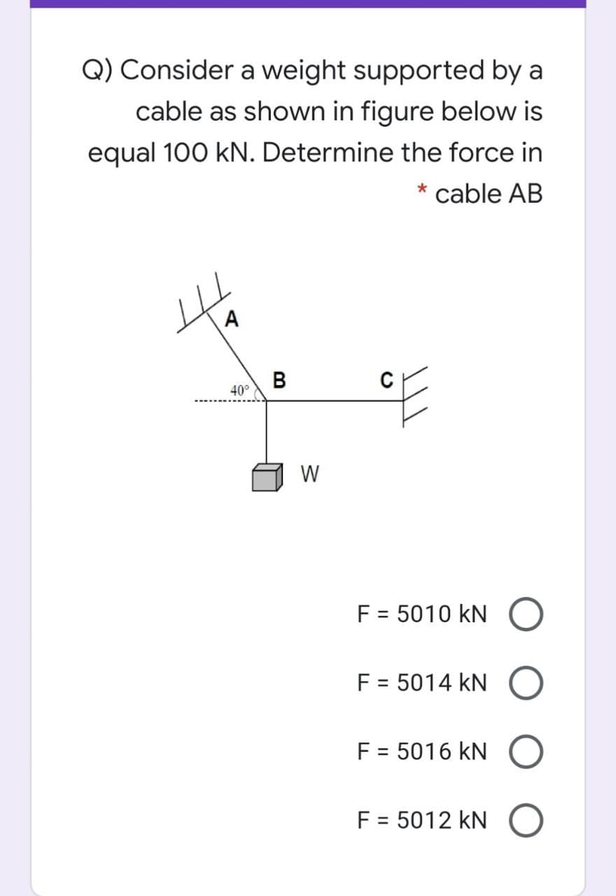 Q) Consider a weight supported by a
cable as shown in figure below is
equal 100 kN. Determine the force in
* cable AB
A
в
40°
C
W
F = 5010 kN
%3D
F = 5014 kN
F = 5016 kN
%3D
F = 5012 kN
%3D
