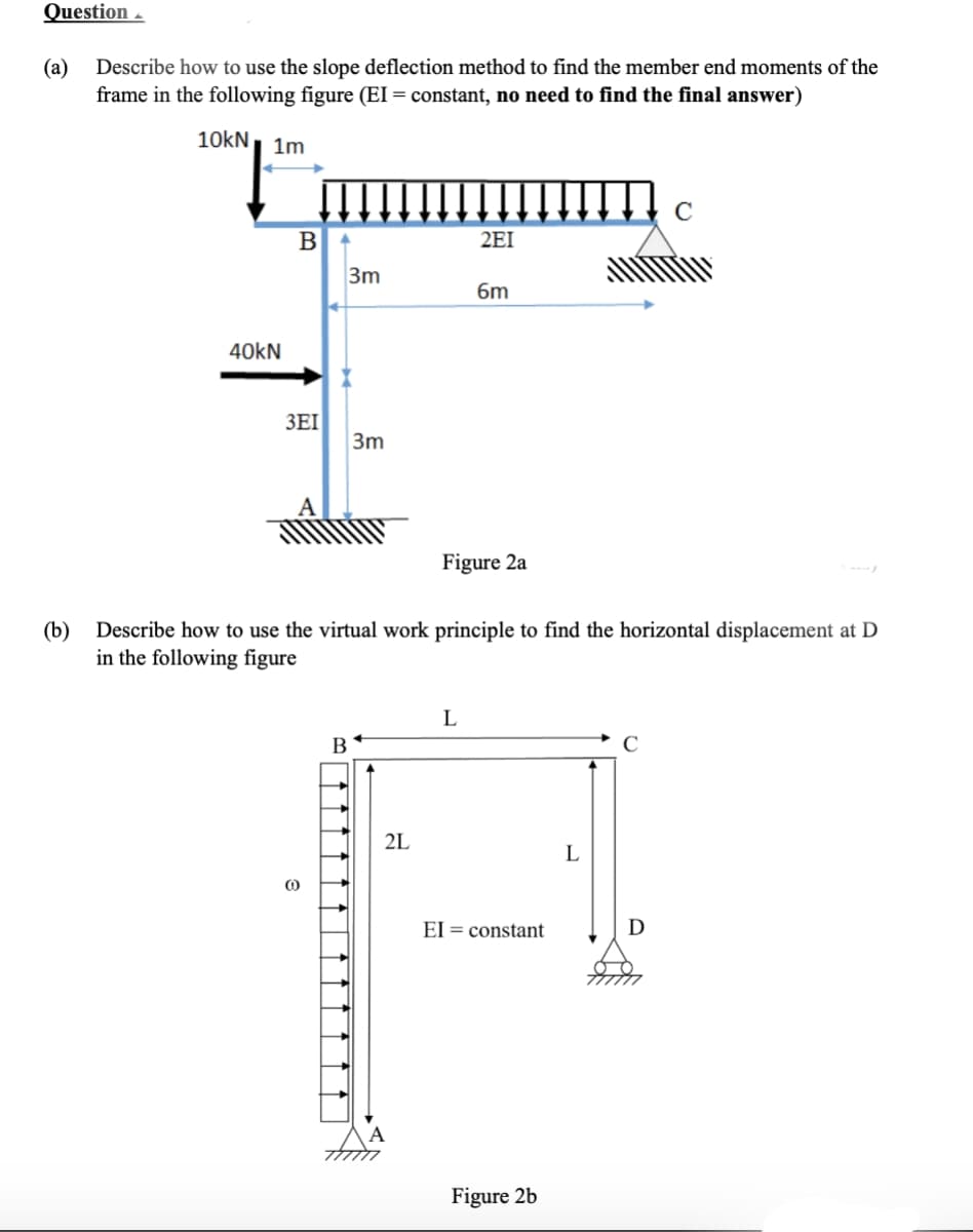 Question -
(a)
frame in the following figure (EI = constant, no need to find the final answer)
Describe how to use the slope deflection method to find the member end moments of the
10kN, 1m
C
B
2EI
3m
6m
40kN
3EI
3m
Figure 2a
(b)
Describe how to use the virtual work principle to find the horizontal displacement at D
in the following figure
L
В
C
2L
L
EI = constant
D
Figure 2b
