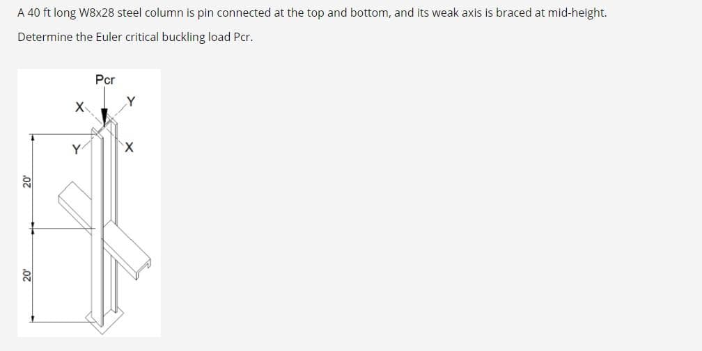 A 40 ft long W8x28 steel column is pin connected at the top and bottom, and its weak axis is braced at mid-height.
Determine the Euler critical buckling load Pcr.
Pcr
Y
