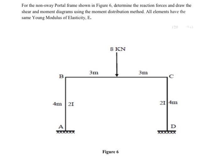 For the non-sway Portal frame shown in Figure 6, determine the reaction forces and draw the
shear and moment diagrams using the moment distribution method. All elements have the
same Young Modulus of Elasticity, E.
(20
8 KN
3m
3m
в
4m 21
21 4m
D
XXXXXX
A
Figure 6
