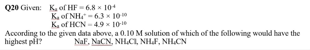 Q20 Given: K₁ of HF
6.8 x 10-4
Ka of NH4 = 6.3 × 10-¹0
Ka of HCN= 4.9 × 10-¹0
According to the given data above, a 0.10 M solution of which of the following would have the
highest pH?
NaF, NaCN, NH4C1, NH4F, NH4CN
=