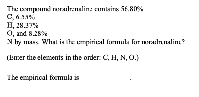 The compound noradrenaline contains 56.80%
C, 6.55%
H, 28.37%
O, and 8.28%
N by mass. What is the empirical formula for noradrenaline?
(Enter the elements in the order: C, H, N, O.)
The empirical formula is
