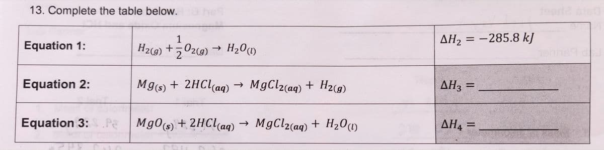 13. Complete the table below.
Equation 1:
Equation 2:
1
-
H₂(g) + O2(g) → H₂0 (1)
Mg(s) + 2HCl(aq) → MgCl2(aq) + H₂(g)
Equation 3:P MgO(s) + 2HCl(aq)
MgO(s) +
2HCl(aq) → MgCl2(aq) + H₂0 (1)
H₂O(1)
AH₂ = -285.8 kJ
AH3 =
ΔΗ, =
teori