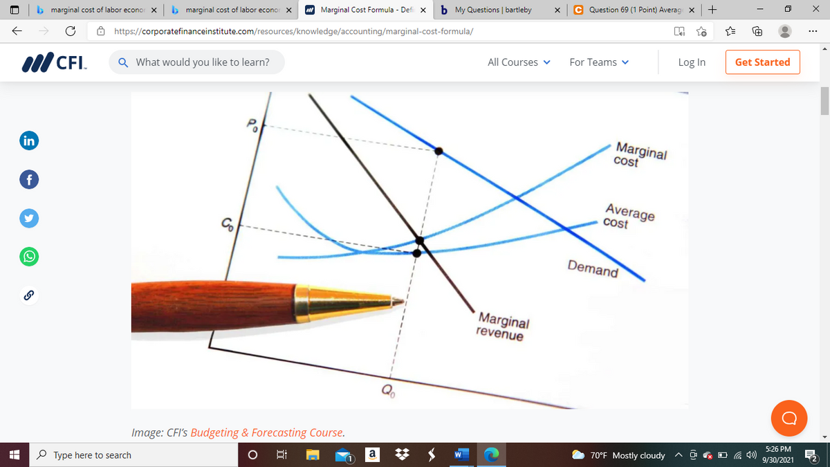 C Question 69 (1 Point) Averag x
+
b My Questions | bartleby
A Marginal Cost Formula - Defi x
b marginal cost of labor econor
b marginal cost of labor econor x
8 https://corporatefinanceinstitute.com/resources/knowledge/accounting/marginal-cost-formula/
Log In
Get Started
All Courses v
For Teams v
Ill CFI.
Q What would you like to learn?
Marginal
cost
in
Average
cost
Demand
Marginal
revenue
5:26 PM
Image: CFI's Budgeting & Forecasting Course.
9/30/2021
70°F Mostly cloudy
a
P Type here to search
近
