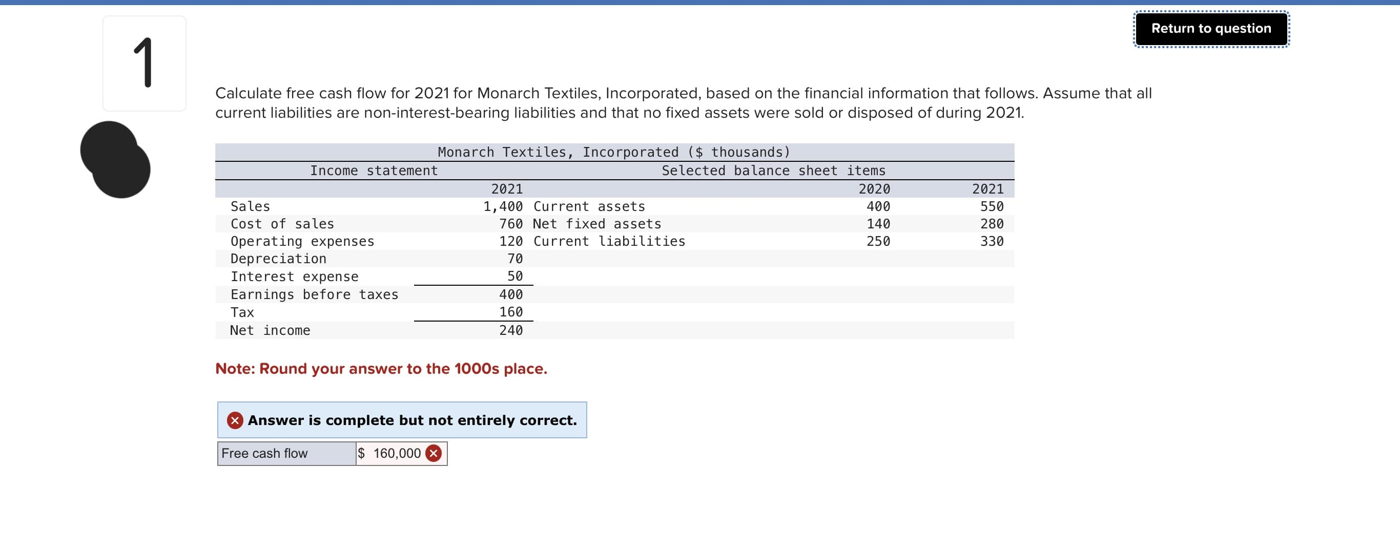 1
Calculate free cash flow for 2021 for Monarch Textiles, Incorporated, based on the financial information that follows. Assume that all
current liabilities are non-interest-bearing liabilities and that no fixed assets were sold or disposed of during 2021.
Income statement
Sales
Cost of sales
Operating expenses
Depreciation
Interest expense
Earnings before taxes
Tax
Net income
Monarch Textiles, Incorporated ($ thousands)
2021
1,400 Current assets
760 Net fixed assets
120 Current liabilities
70
50
400
160
240
Note: Round your answer to the 1000s place.
Selected balance sheet items
X Answer is complete but not entirely correct.
Free cash flow
$ 160,000 X
2020
400
140
250
Return to question
2021
550
280
330