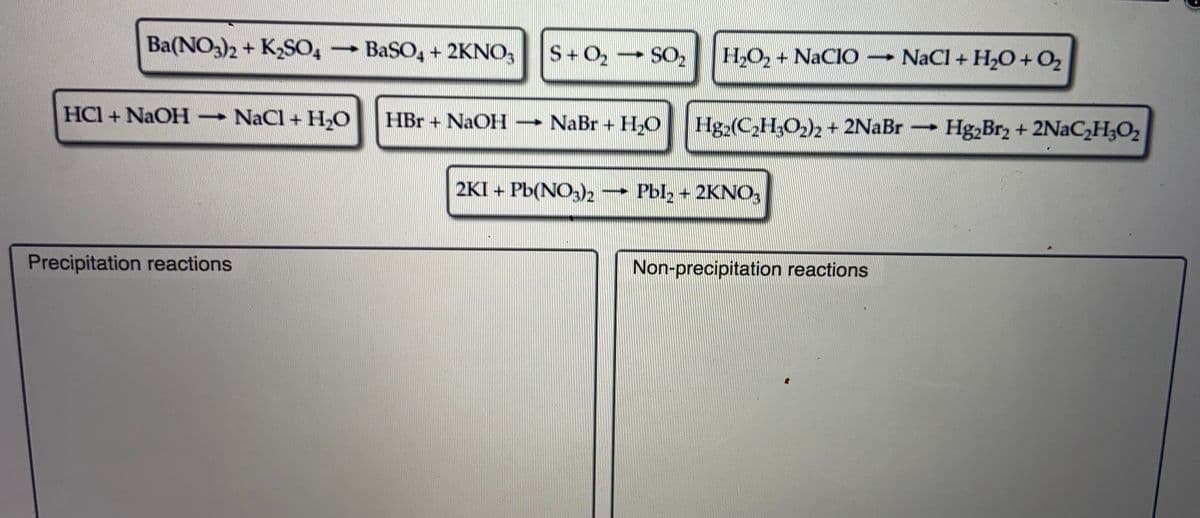 Ba(NO3)2 + KSO, - BaSO, + 2KNO
S+ O2
SO2
HO, + NaCI0 NaCl + H,O+ O2
HCI + NaOH NaCl + H,O
HBr + NaOH
NaBr + HO
Hg,(C,H,O)2 + 2NaBr Hg,Br2 + 2NAC,H;O,
2KI + Pb(NO3)2
Pbl, + 2KNO,
Precipitation reactions
Non-precipitation reactions
