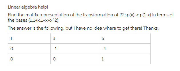 Linear algebra help!
Find the matrix representation of the transformation of P2: p(x)-> p(1-x) in terms of
the bases (1,1+x,1+x+x^2}
The answer is the following, but I have no idea where to get there! Thanks.
1
3
0
0
-1
0
6
-4
1