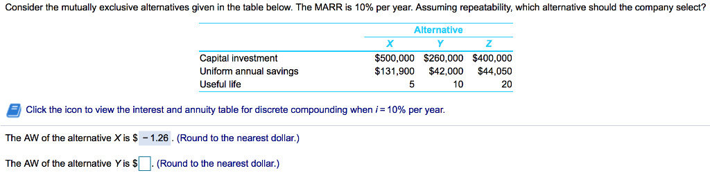 Consider the mutually exclusive alternatives given in the table below. The MARR is 10% per year. Assuming repeatability, which alternative should the company select?
Capital investment
Uniform annual savings
Useful life
Click the icon to view the interest and annuity table for discrete compounding when i= 10% per year.
The AW of the alternative X is $ - 1.26. (Round to the nearest dollar.)
The AW of the alternative Y is $
Alternative
X
Y
Z
$500,000 $260,000 $400,000
$131,900 $42,000 $44,050
10
20
(Round to the nearest dollar.)
5